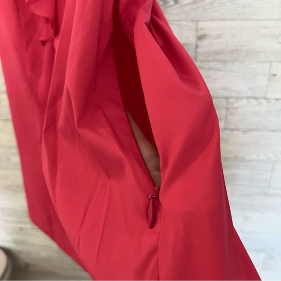 Express Elite Stretch Red Sleeveless  Ladies Jabot Top with Sheer Front Ruffle - Picture 8 of 13